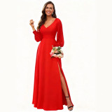 Women V-Neck Long-Sleeve Slash Solid Maxi Dress