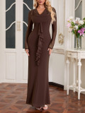 Women Mesh Long-sleeved Sexy Ruffle Edge Maxi Dress