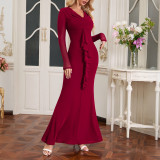 Women Mesh Long-sleeved Sexy Ruffle Edge Maxi Dress