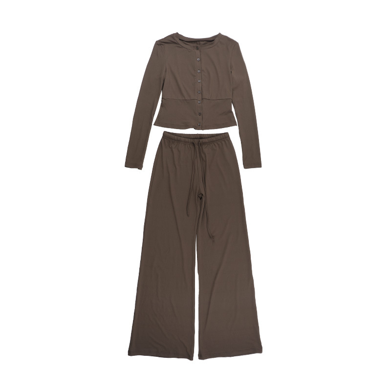 Women's Knitting Slim Waist Long Sleeve Button-Down Top High Waist Drawstring Loose Straight Leg Pants Autumn Casual Set