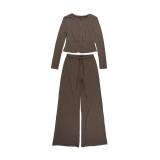 Women's Knitting Slim Waist Long Sleeve Button-Down Top High Waist Drawstring Loose Straight Leg Pants Autumn Casual Set