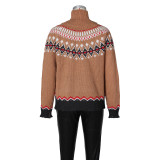 Women Autumn/Winter High-neck Jacquard Color-blocked Knitting Top Sweater