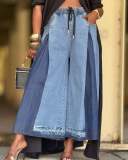 Women's Street Elastic Drawstring Pleated Color-Block Wide Leg Denim Pants