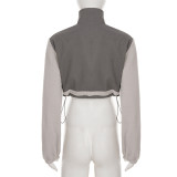 Women Sporty Stand Collar Drawstring Zipper Long Sleeve Polar Fleece Crop Jacket