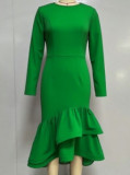 Women African Round Neck Long Sleeve Irregular Ruffle Fishtail Party Dress