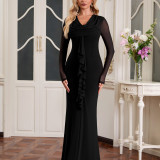 Women Mesh Long-sleeved Sexy Ruffle Edge Maxi Dress