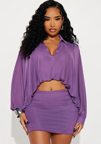 Women Autumn/Winter Solid Casual Long-Sleeved Top and Skirt Two-Piece Set