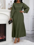 Women Waist-cinching Long-Sleeved Pleated Dress