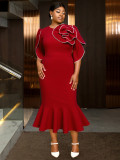 Plus Size Women Burgunry Floral Round Neck Half-Sleeve Fishtail Formal Party Dress