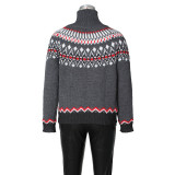 Women Autumn/Winter High-neck Jacquard Color-blocked Knitting Top Sweater