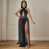Women Rhinestone Hollow-Out Sexy Slit Bodycon Dress