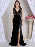 Women V-neck Rhinestone-embellished Formal Party Slit Maxi Dress