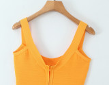 Women Summer French Style Sleeveless Solid Stretchy Waist-cinching Knitting Dress
