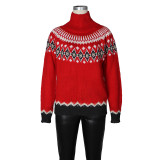 Women Autumn/Winter High-neck Jacquard Color-blocked Knitting Top Sweater