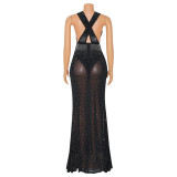 Women Rhinestone Hollow-Out Sexy Slit Bodycon Dress