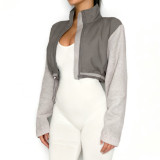 Women Sporty Stand Collar Drawstring Zipper Long Sleeve Polar Fleece Crop Jacket