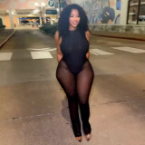 Women Sexy Solid Backless Round Neck Mesh Jumpsuit