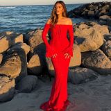 Women Autumn Lace Off Shoulder Long-Sleeved Strapless Bodycon Dress