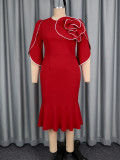 Plus Size Women Burgunry Floral Round Neck Half-Sleeve Fishtail Formal Party Dress
