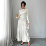 Women Long-Sleeved Knitting Pleated Elegant Maxi Dress