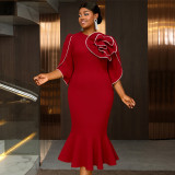 Plus Size Women Burgunry Floral Round Neck Half-Sleeve Fishtail Formal Party Dress