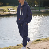 Men's Winter American Style Fleece-lined Casual Sporty Pocket Hoodies and Pant Two-Piece Set