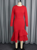 Women African Round Neck Long Sleeve Irregular Ruffle Fishtail Party Dress