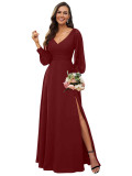 Women V-Neck Long-Sleeve Slash Solid Maxi Dress