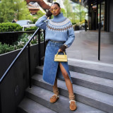 Women Autumn/Winter High-neck Jacquard Color-blocked Knitting Top Sweater