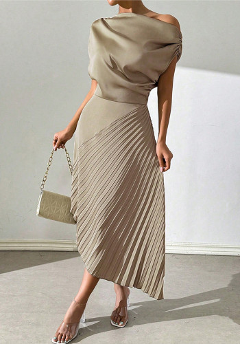 Women Summer Elegant Slash Shoulder Off Shoulder Pleated Bodycon Irregular Dress