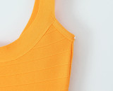 Women Summer French Style Sleeveless Solid Stretchy Waist-cinching Knitting Dress