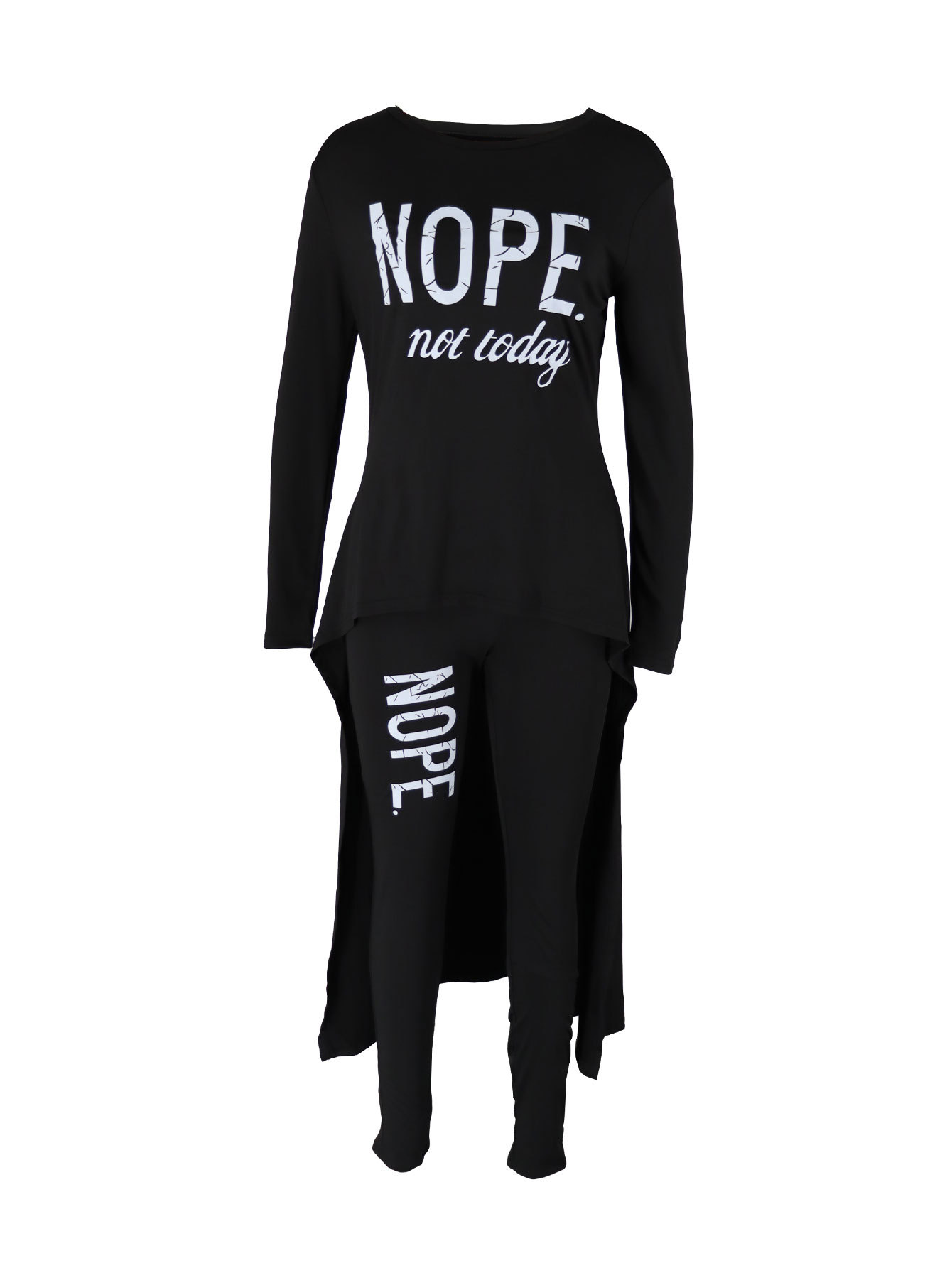 Women's Autumn Winter Letter Print Asymmetric Long Sleeve Top and Tight Fitting Pants Two-Piece Set