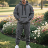 Men's Winter American Style Fleece-lined Casual Sporty Pocket Hoodies and Pant Two-Piece Set