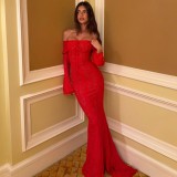 Women Autumn Lace Off Shoulder Long-Sleeved Strapless Bodycon Dress