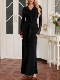Women Mesh Long-sleeved Sexy Ruffle Edge Maxi Dress