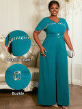 Plus Size Women Pearl Beaded V-Neck Short Sleeve Wide-Leg Jumpsuit