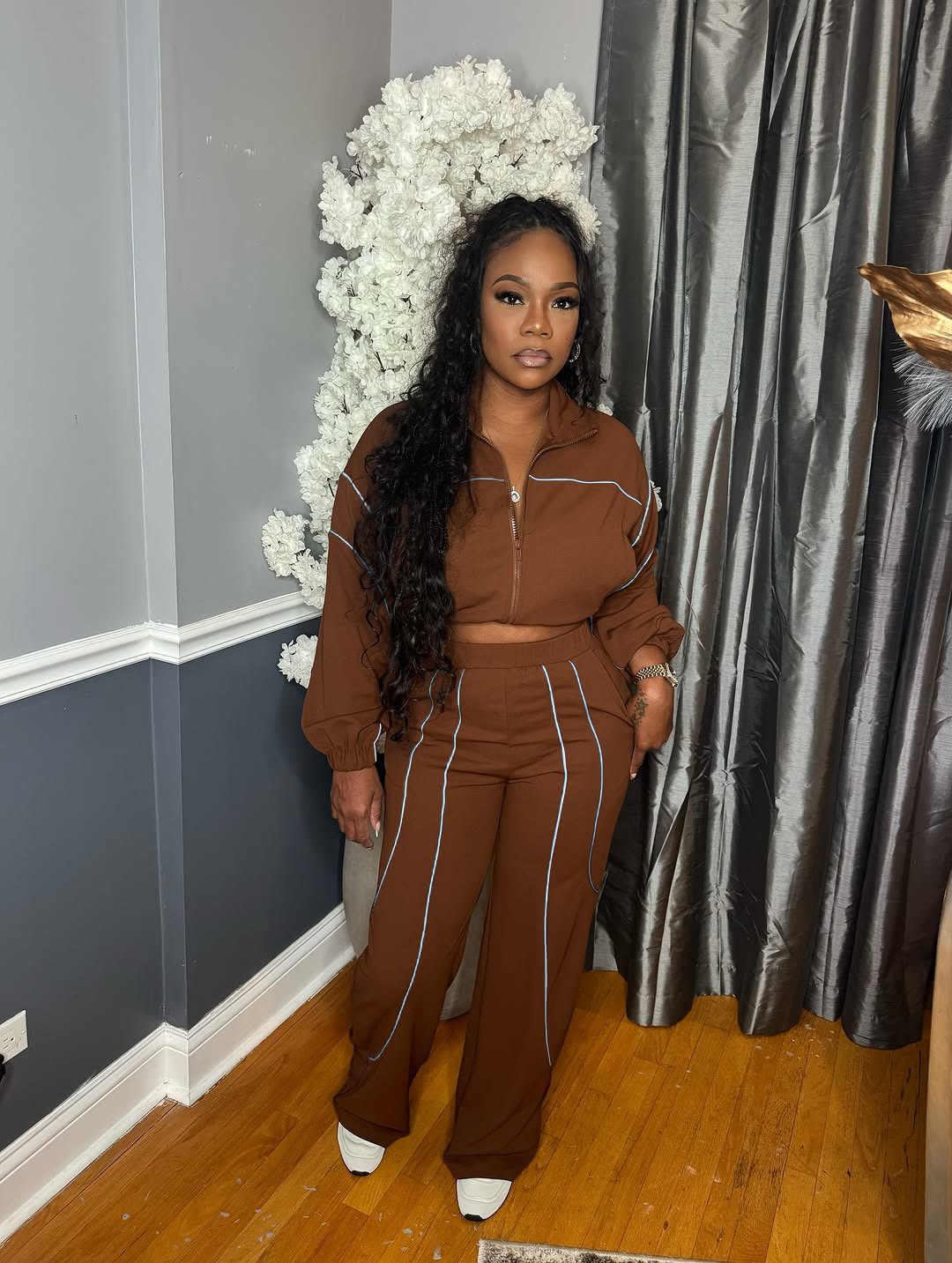 Women Color-Blocked Striped Top and Wide-Leg Pants Two-Piece Set