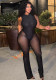 Women Sexy Solid Backless Round Neck Mesh Jumpsuit
