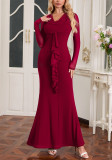 Women Mesh Long-sleeved Sexy Ruffle Edge Maxi Dress