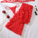 Red Floral See-Through Sheer Shaping Sexy Two-Piece Lingerie Set