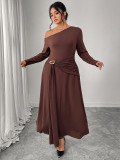 Autumn-Winter Slash Shoulder Slim High-Waist Long Sleeve Brown Dress