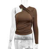 One-Shoulder Long Sleeve Basic Sexy Halter Neck T-Shirt