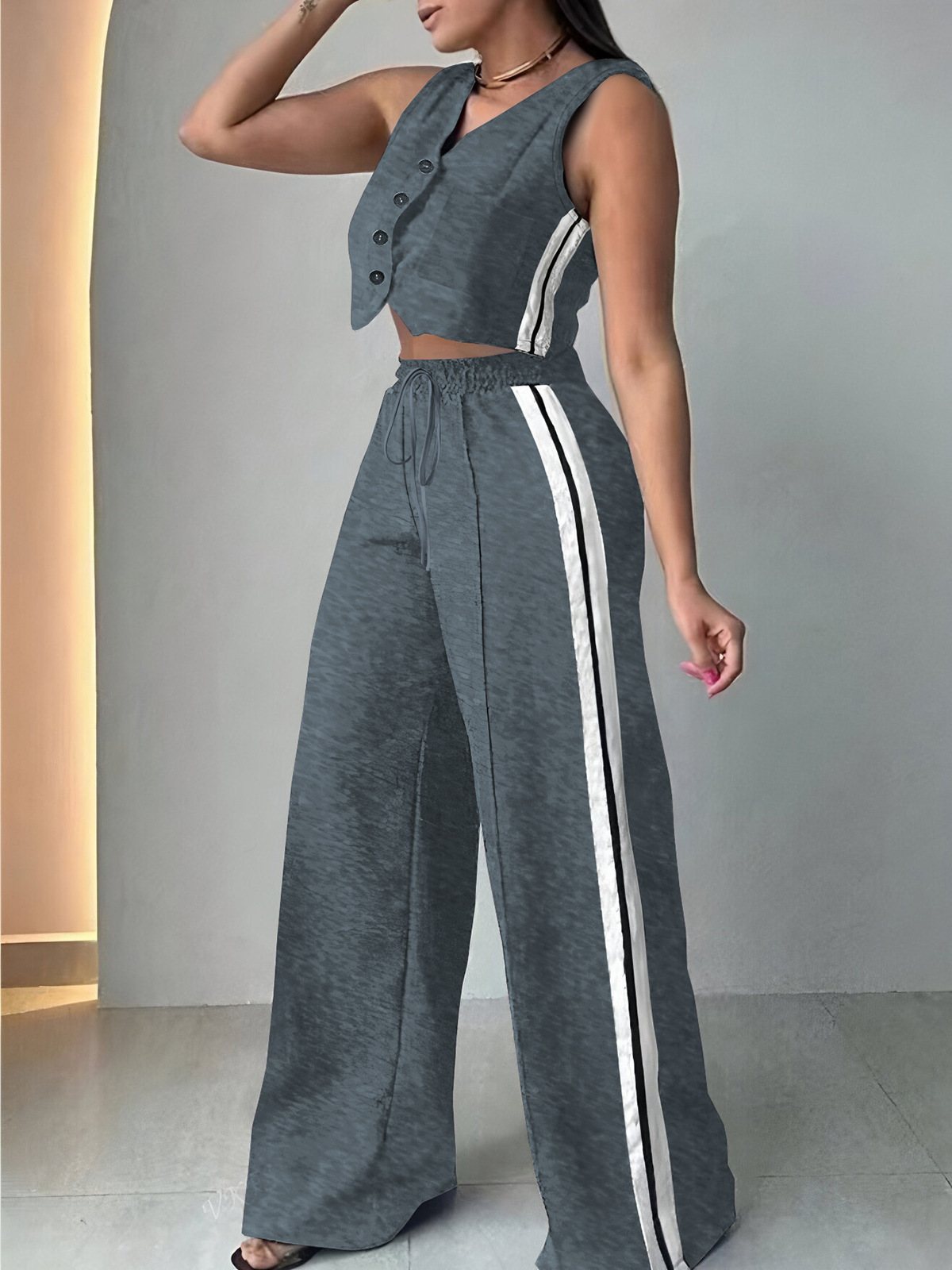Women's Fashion Pocket Sleeveless Two Piece Pants Set