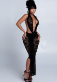 Autumn-Winter Women's Fashion Sexy Lace Halter Neck Low Back Ribbon High-Waist Jumpsuit
