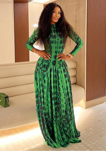 Chic Women's Pleated High-Neck Long Sleeve Print Slim Waist A-Line Dress