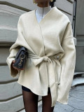 Women's Fashion Casual Loose Belt Wool Coat