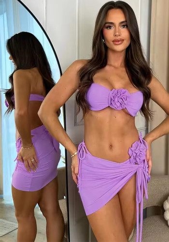 Two-Piece Sexy Solid Bikini Strapless Floral Swimsuit