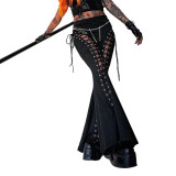 Summer Dark Street Style Lace-Up Bell Bottom Pants