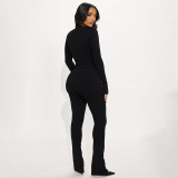 Autumn-Winter Women's Fashion Hollowed Out Buckle Zipper Top and Sexy Slim-Fit Pants Set
