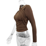 One-Shoulder Long Sleeve Basic Sexy Halter Neck T-Shirt